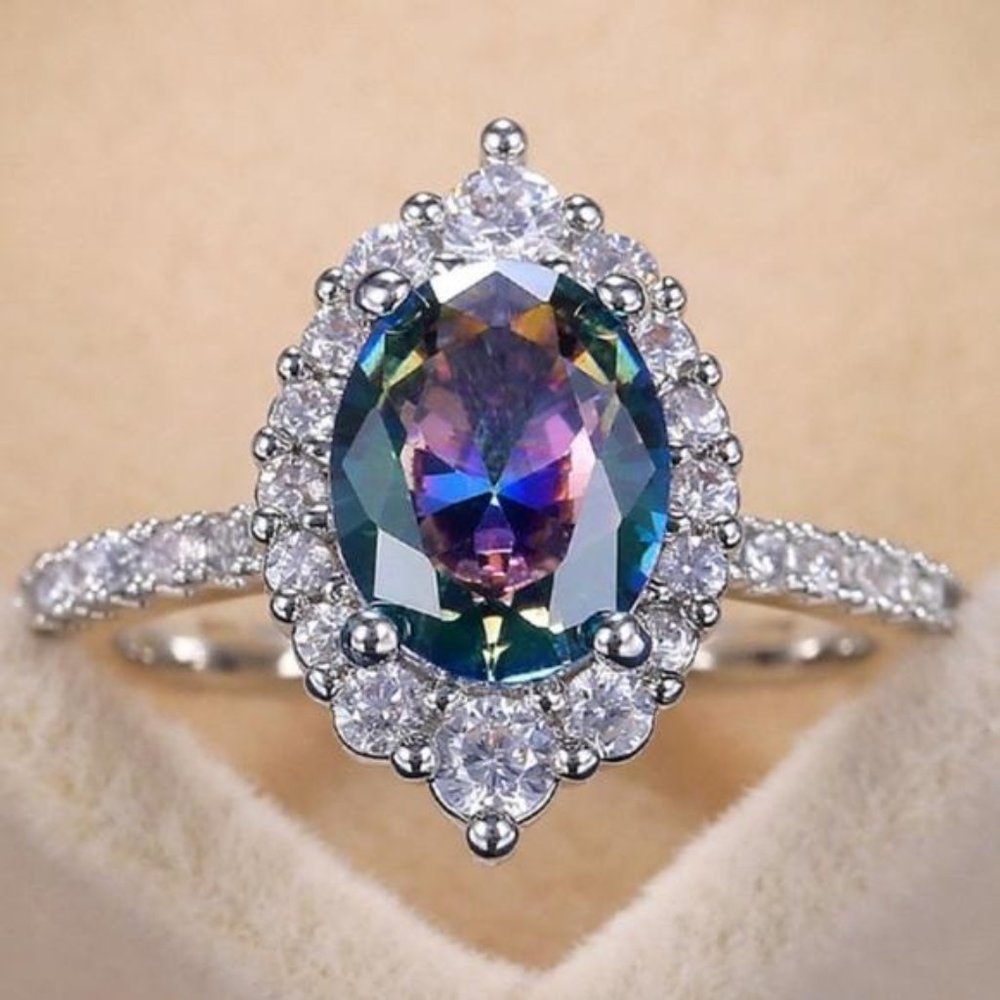NEW 925 STERLING SILVER MYSTIC TOPAZ HALO RING, CUTE RING, SHINY RING.